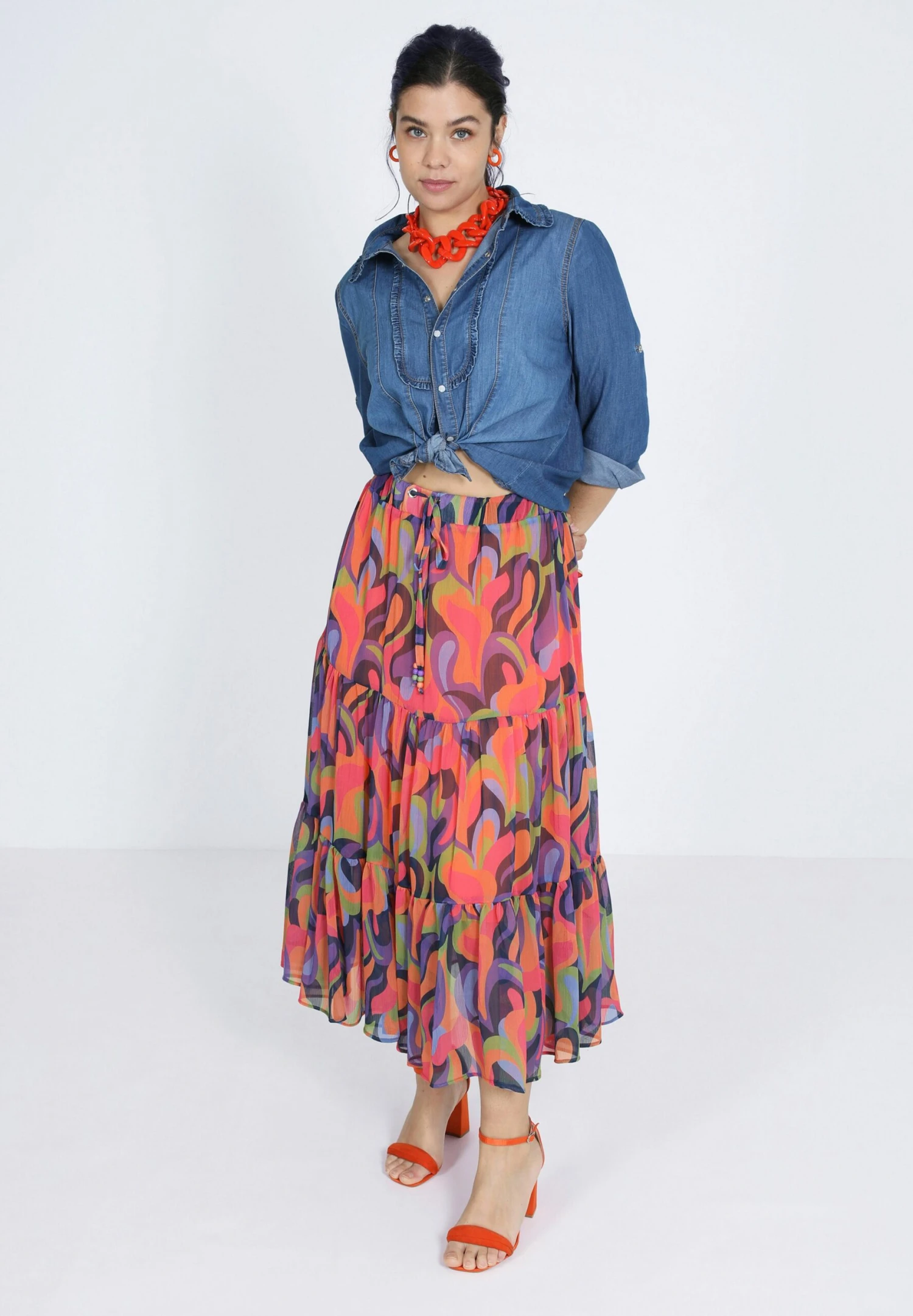 De Style Bohème En Voile Imprimé - Maxirok - Orange 3 De Style Bohème En Voile Imprimé - Maxirok - Orange