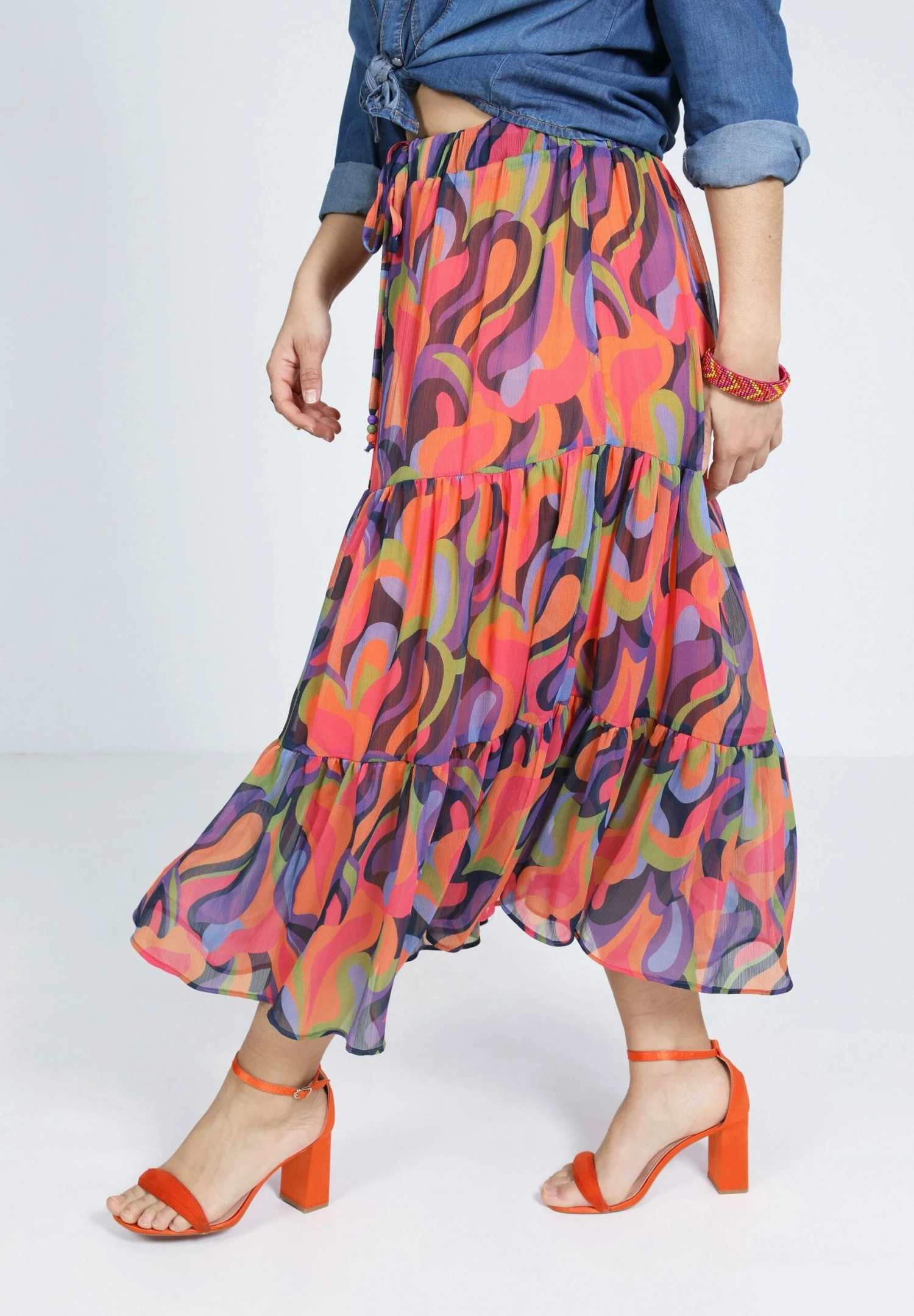 De Style Bohème En Voile Imprimé - Maxirok - Orange 6 De Style Bohème En Voile Imprimé - Maxirok - Orange - Afbeelding 4